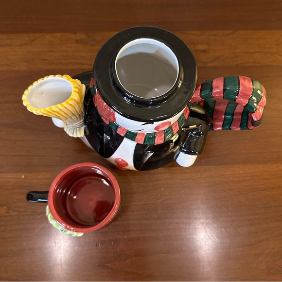 🎄2007 Fitz & Floyd Christmas Snowman Cup Cocoa For One Ceramic Teapot & Teacup - Picture 8 of 13